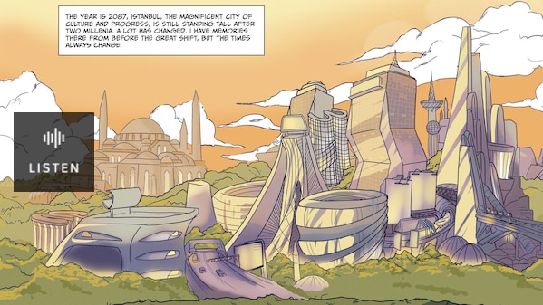 A futuristic cityscape of Istanbul including the Hagia Sophia and twisting, shiny skyscrapers. Has Audio.