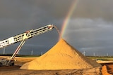 A rainbow ends behind a pile of yellow sand, as more sand is added by a machine. The sky is dark and stormy.