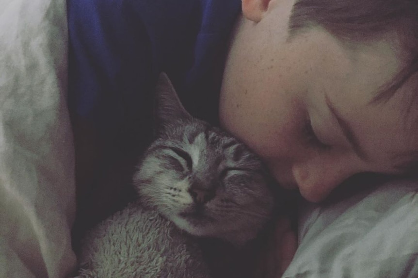 A boy snuggles asleep with a cat