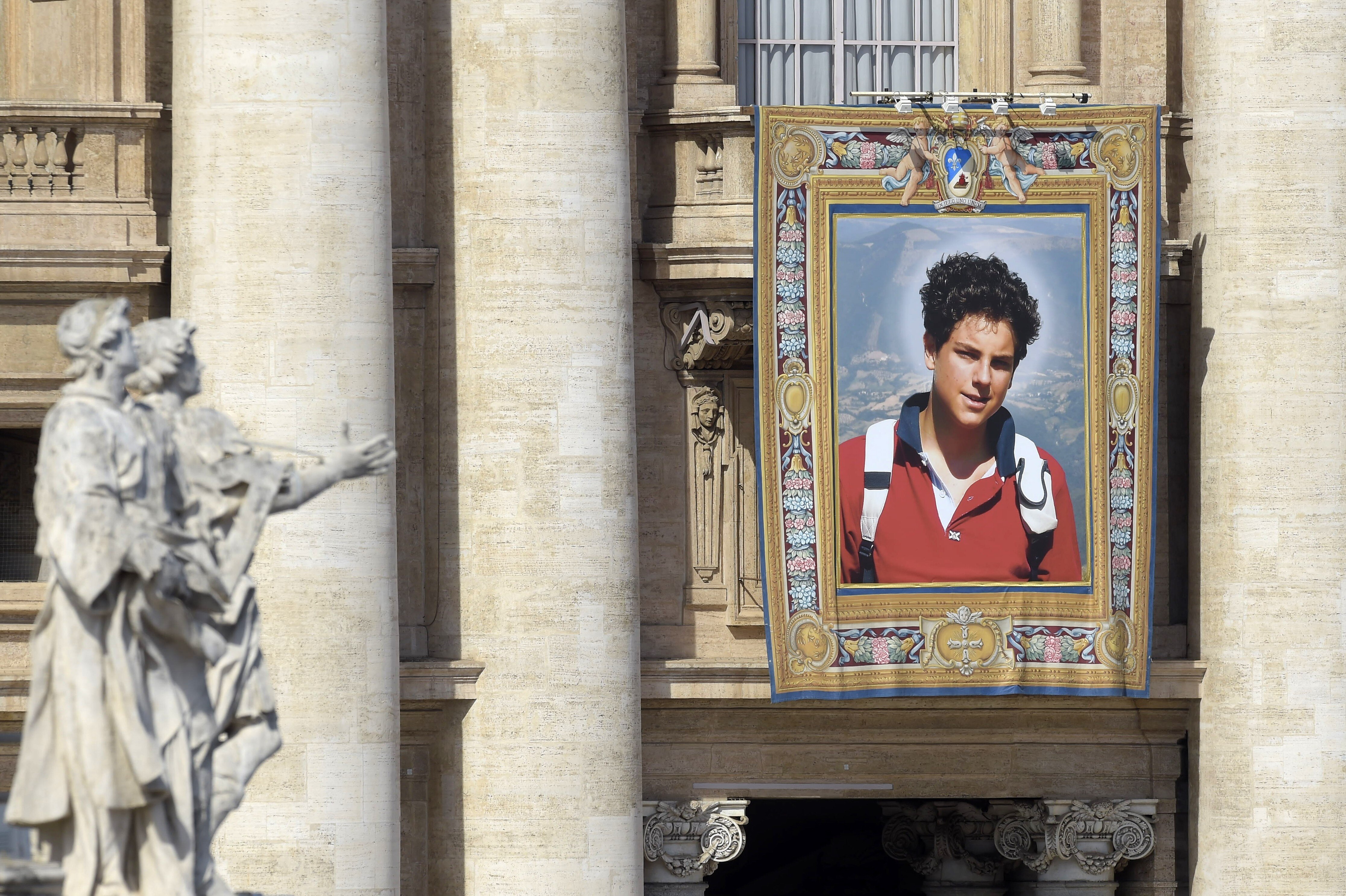 Banner of Carlo Acutis during his canonisation in St Peter's Square
