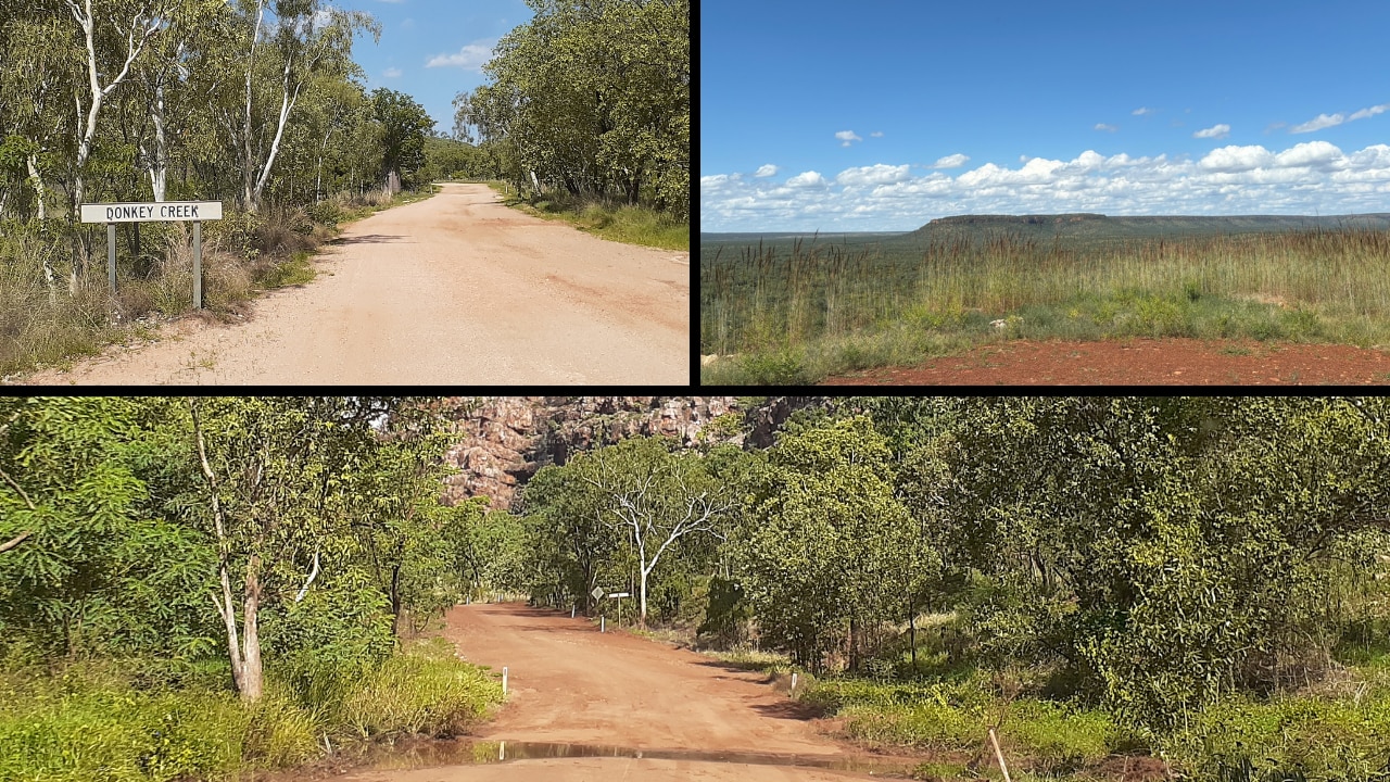 Three images of dirt roads, red ranges and blue skies over long grass