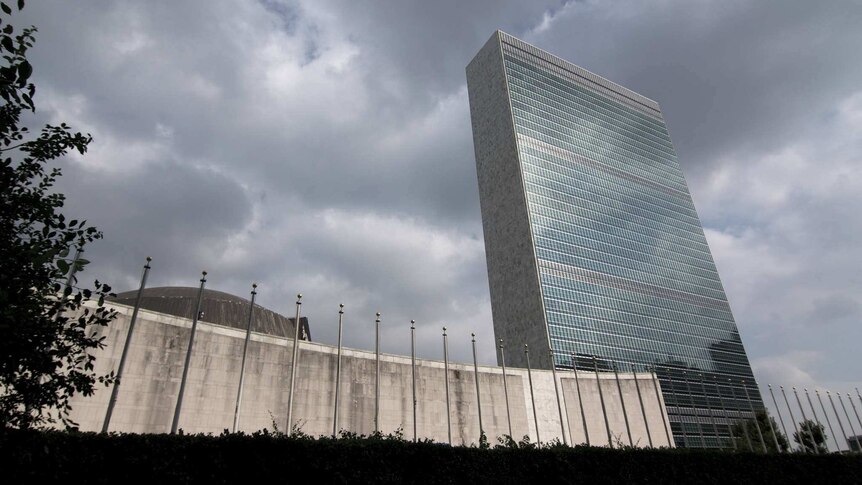 Exterior shot on an overcast day of the UN building in New York