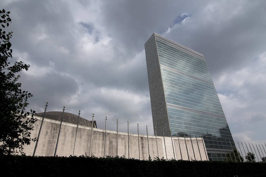 Exterior shot on an overcast day of the UN building in New York