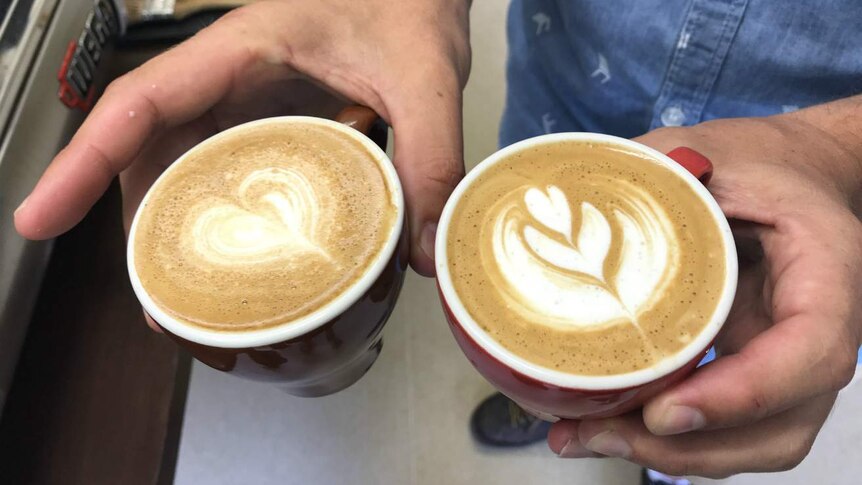 Two beautifully made cups of coffee, one with a heart, the other with a leaf design on it.