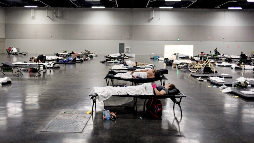 A group of people lie on spaced out beds in an empty room.