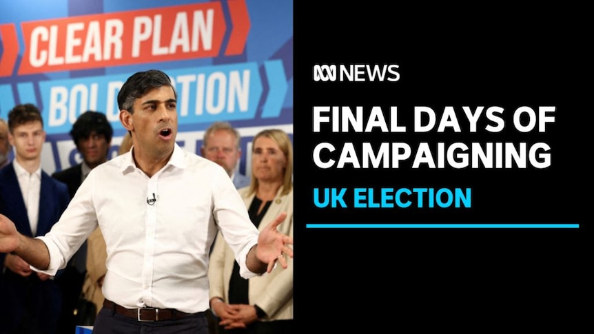 Final Days of Campaigning, UK Election: Rishi Sunak wearing an open-necked shirt speaking at a campaign rally.