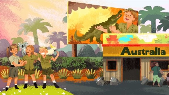 An illustration of Terri, Robert and Bindi Irwin in front of Australia Zoo.