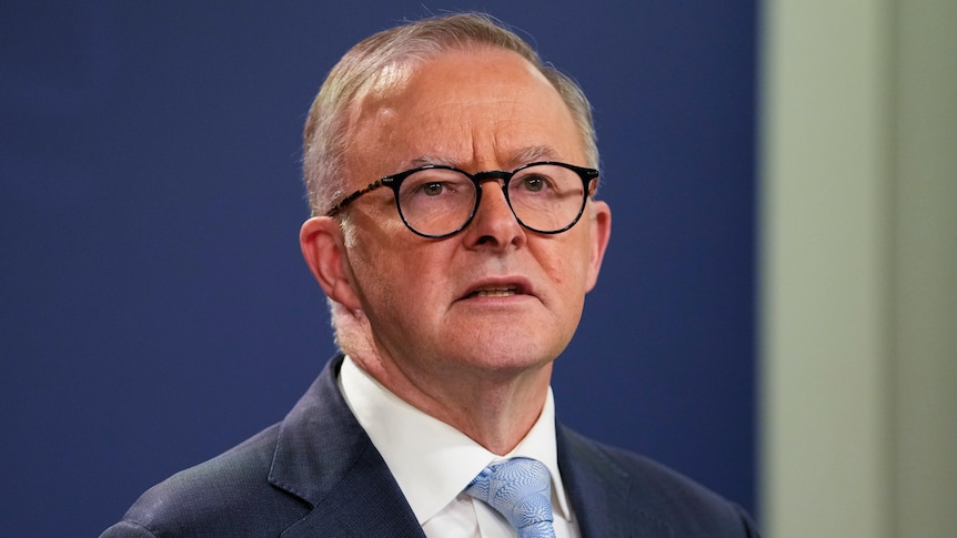 Albanese in light blue tie with grey suit jcket and black rimmed glasses