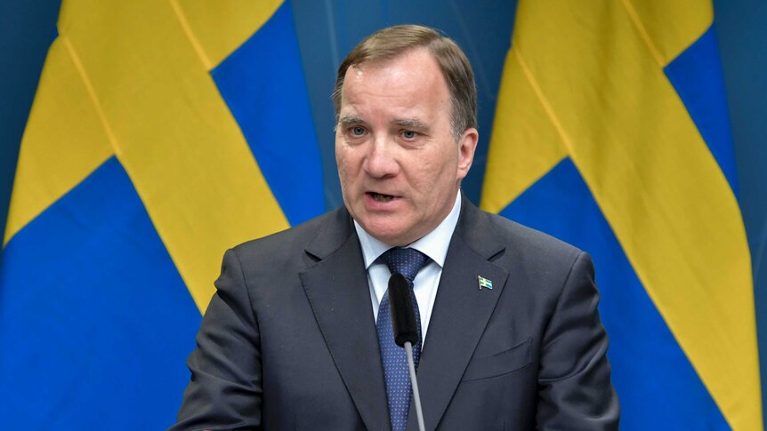 Sweden's Prime Minister Stefan Lofven speaks during the government's press conference on coronavirus.