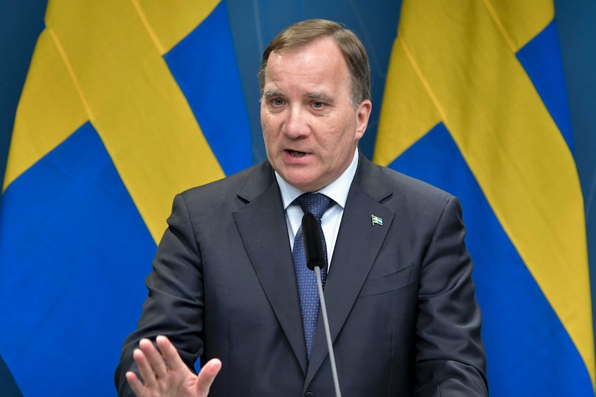 Sweden's Prime Minister Stefan Lofven speaks during the government's press conference on coronavirus.