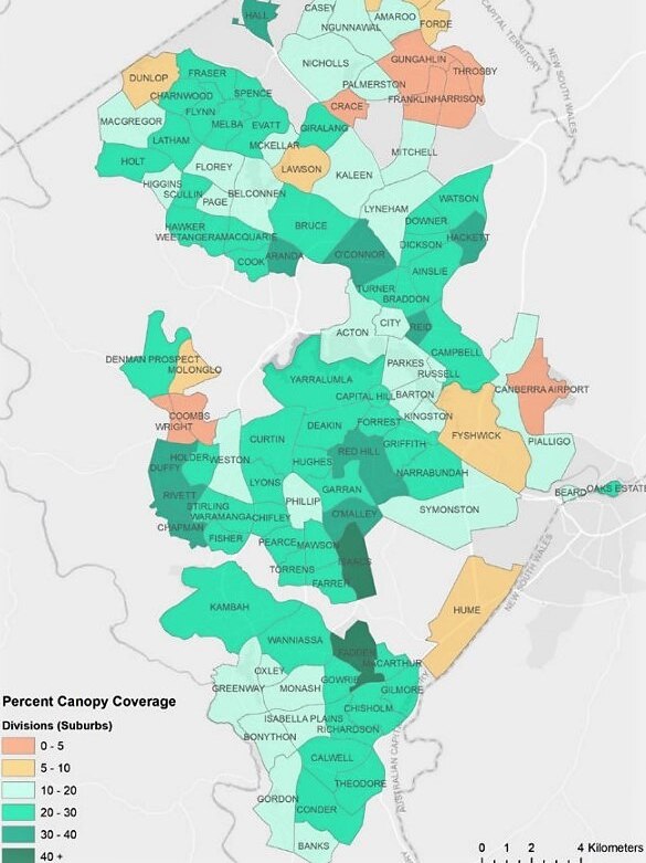 A diagram shows the percentage of tree canopy cover over urban Canberra in greens and reds.