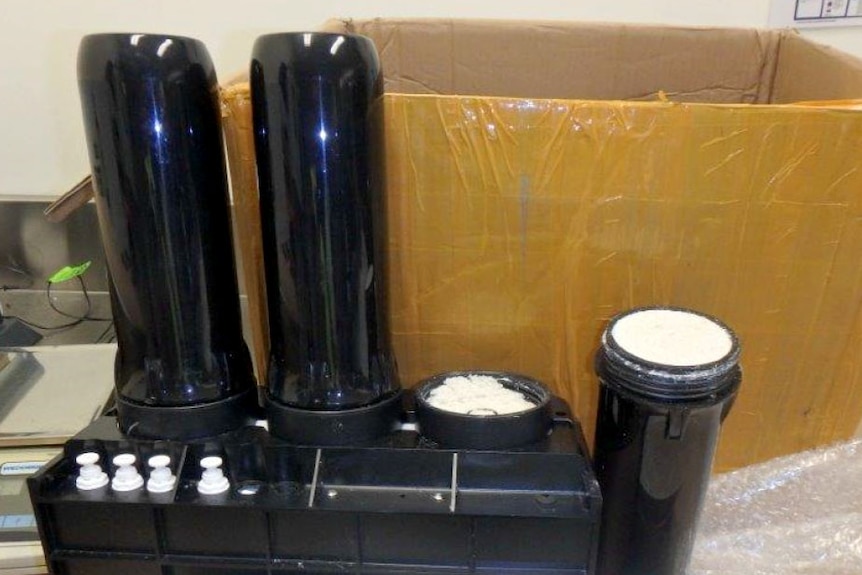 Ephedrine, a white powder used to make the drug ice, concealed in a water filter seized by Border Force.