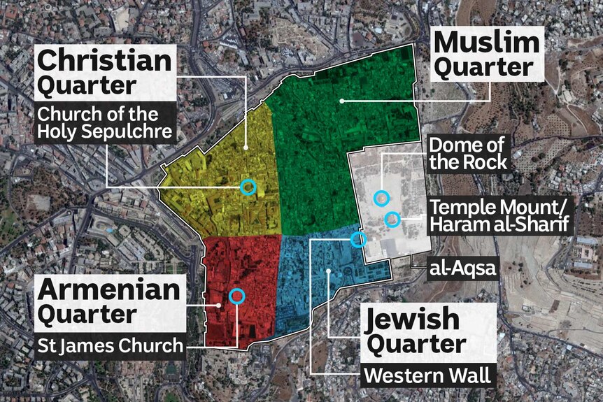 A colour coded map of Jerusalem separated into four quarters.