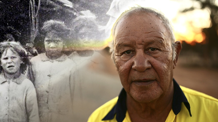 A photo of an older Aboriginal man at sunset with a country road in the background, with a black and white photo of children.