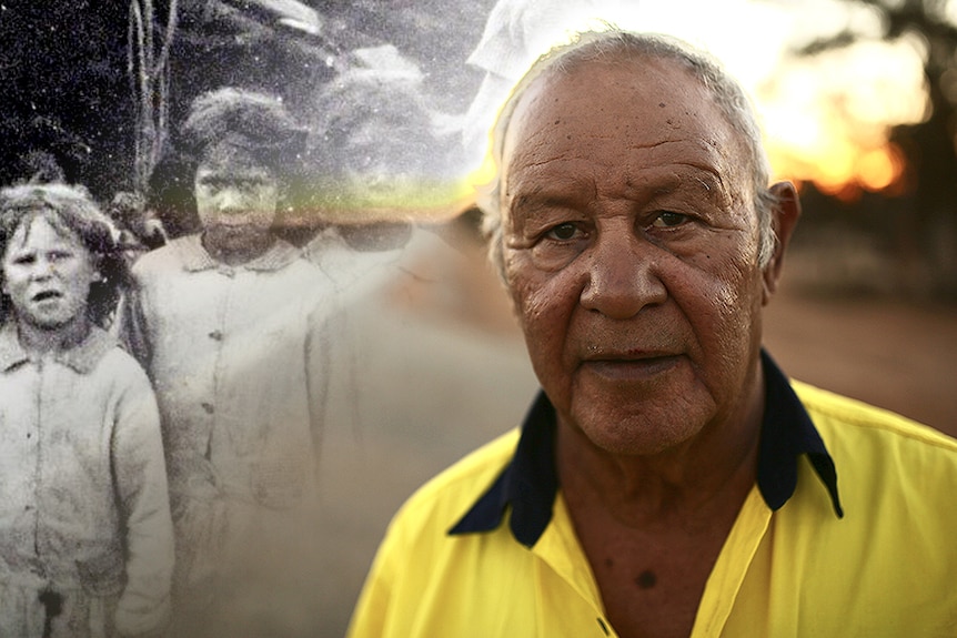 A photo of an older Aboriginal man at sunset with a country road in the background, with a black and white photo of children.