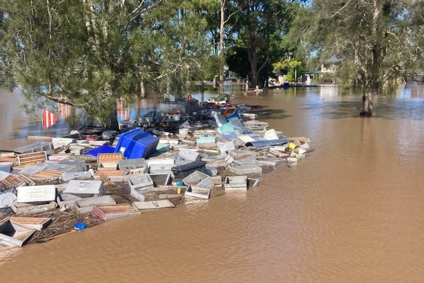 a group of beehives submerged in flood waters