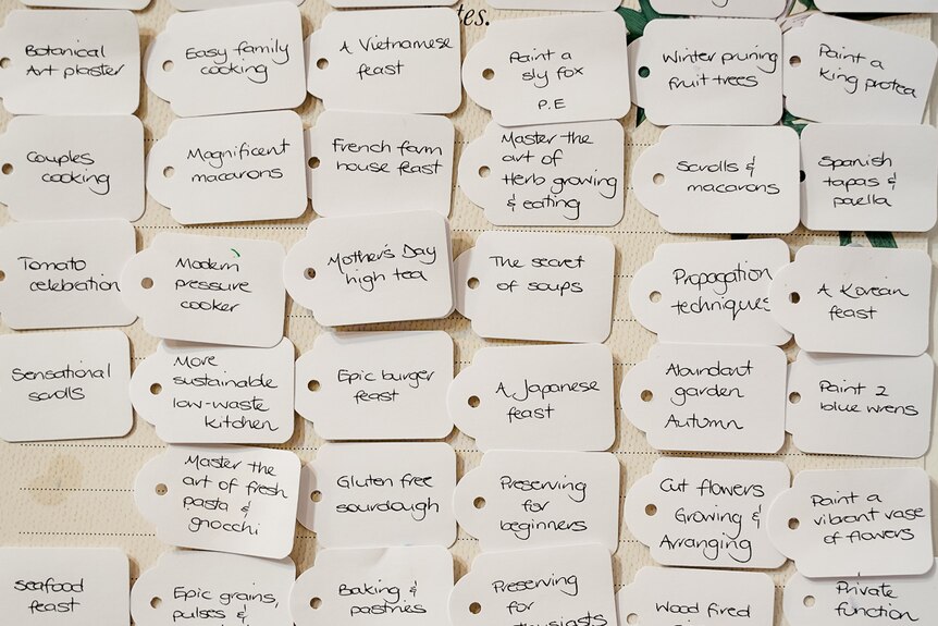40 small labels with gardening and cooking classes written on them, pinned to a wall.