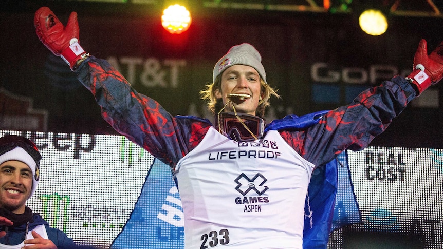 Scotty James celebrates his win in the Winter X Games superpipe finals in Colorado