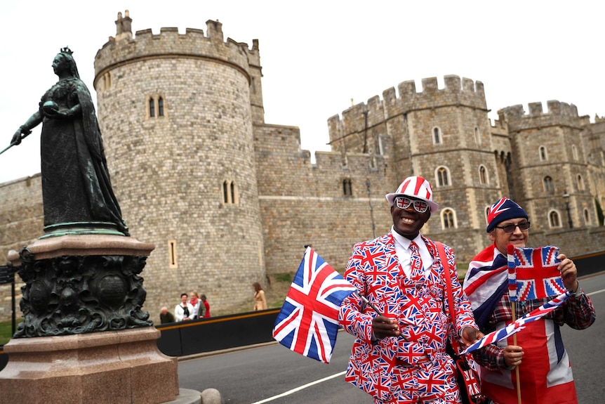 Reveller dressed in Union Jack gear ahead of Princess Eugenie's wedding