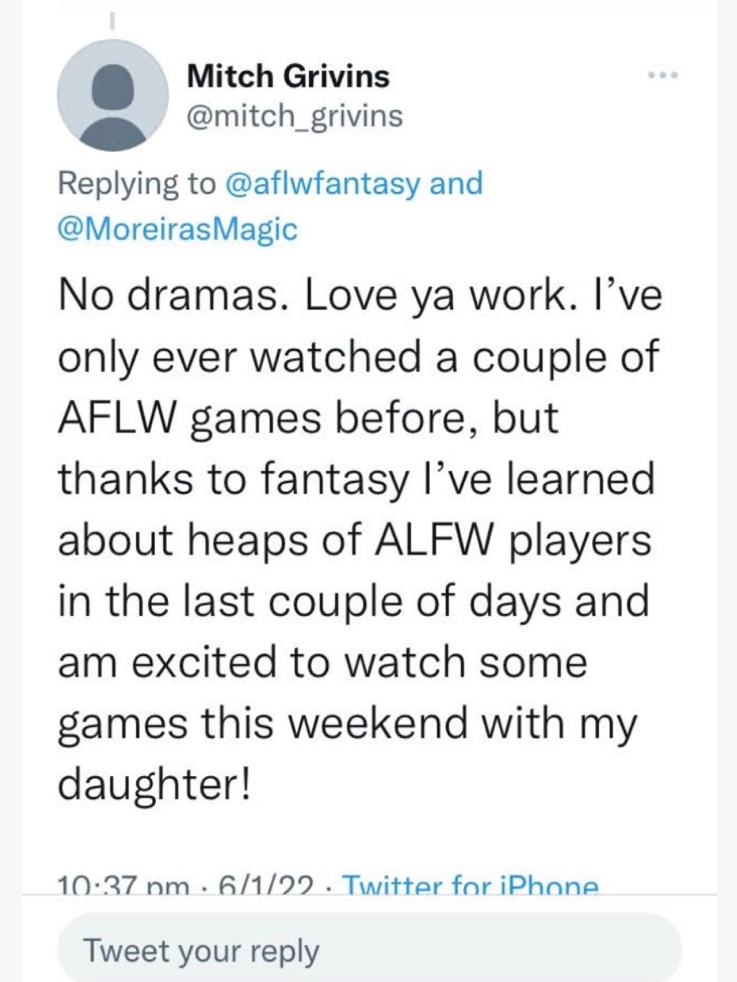 A screenshot of a message tweeted to the AFLW fantasy account about a Dad taking his daughter to games after playing fantasy