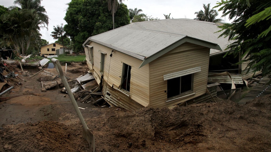 A flood-damaged house on Gavin Street in Bundaberg North.
