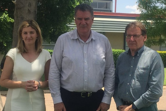 Mark Furner, Shannon Fentiman and Peter Coaldrake in Longreach