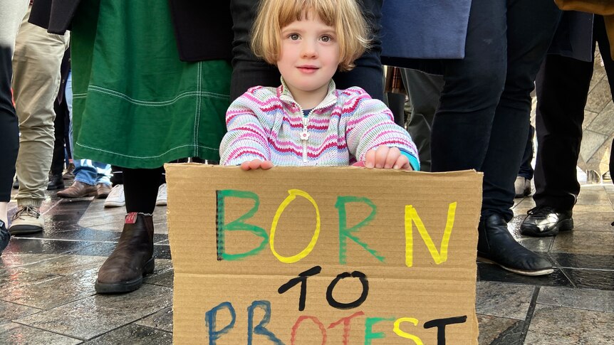 A young protester holds a placard bearing the words "born to protest".