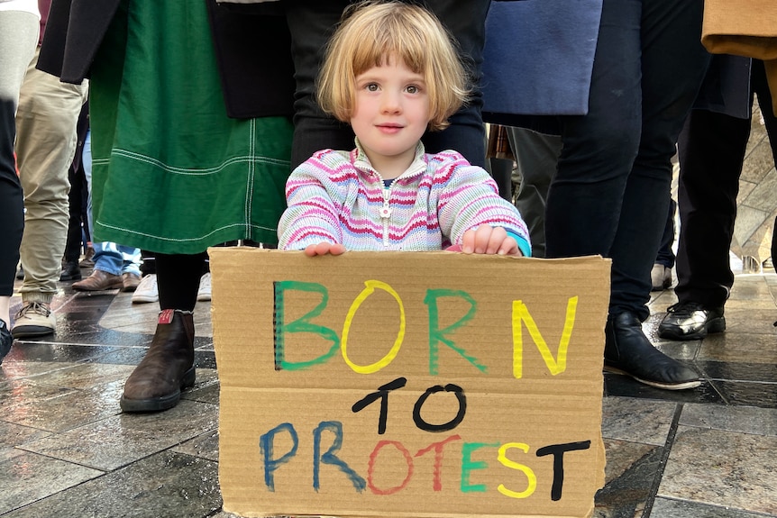 A young protester holds a placard bearing the words "born to protest".