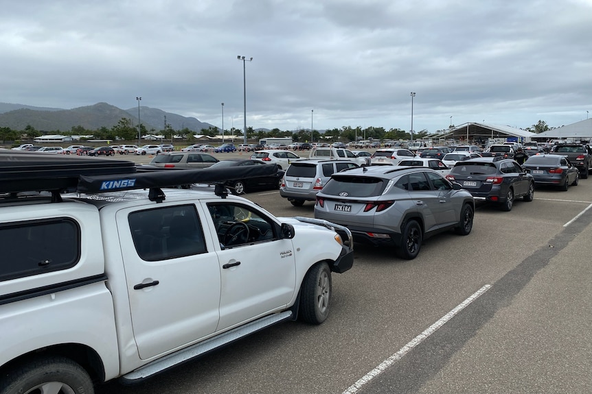 Line up of cars waiting for a COVID test at Kirwan stadium, Townsville