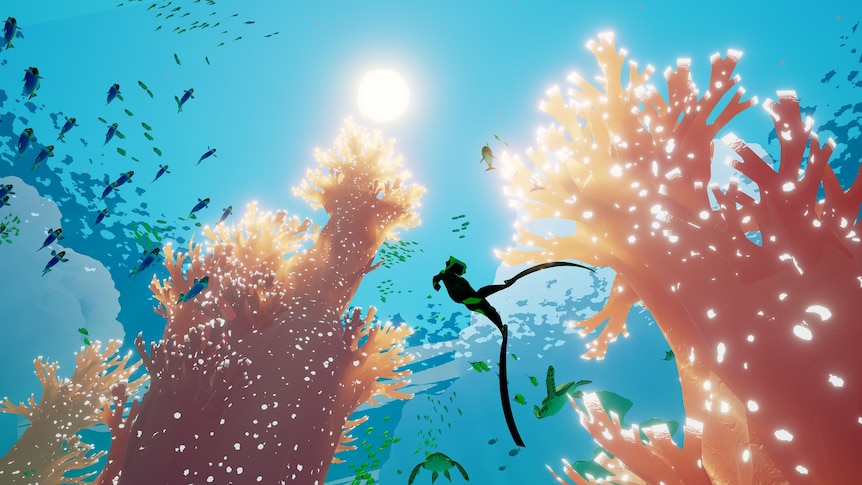 Artwork from the game Abzu, depicting a scuba diver rising to the surface of the water, surrounded by colourful sea life.