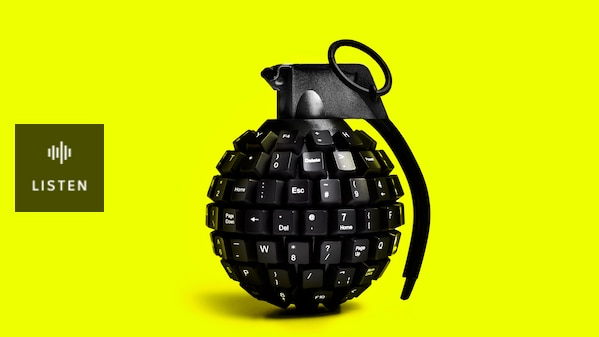 A computer-generated image of a grenade made out of a keyboard. Has Audio.