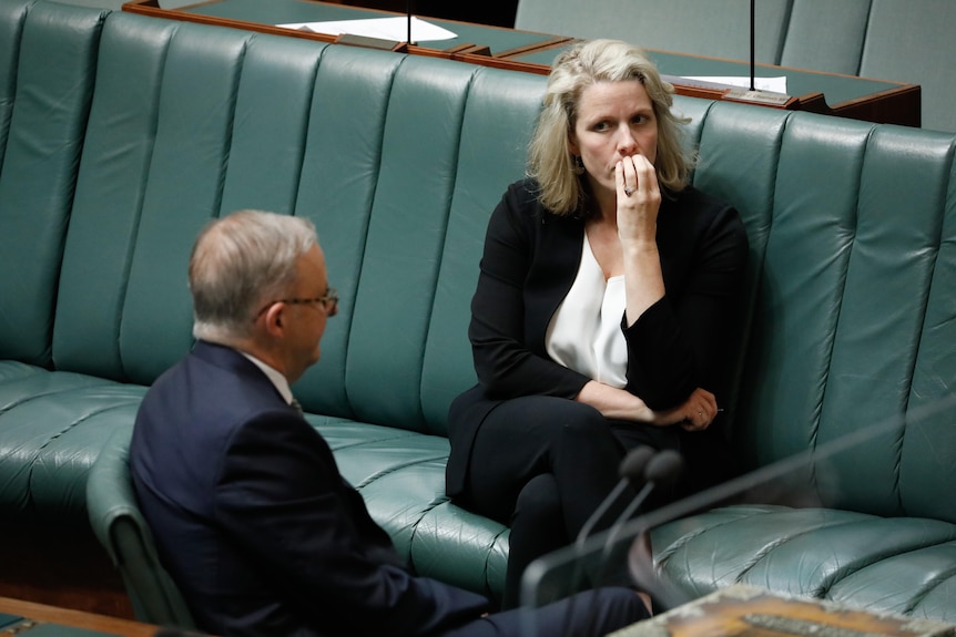 O'Neil has a concerned expression, hand to mouth, while she looks towards Albanese.