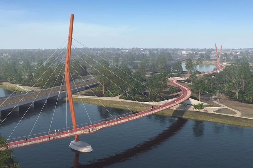 A photorealistic image of a rust-red narrow suspension bridge curving over a river and into the distance.