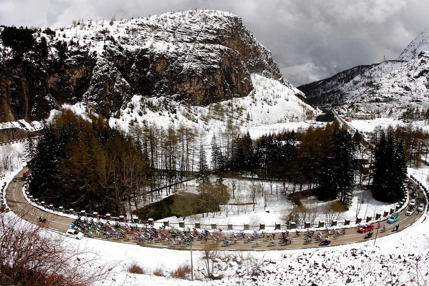 The peloton cycles through snow in the Giro d'Italia.