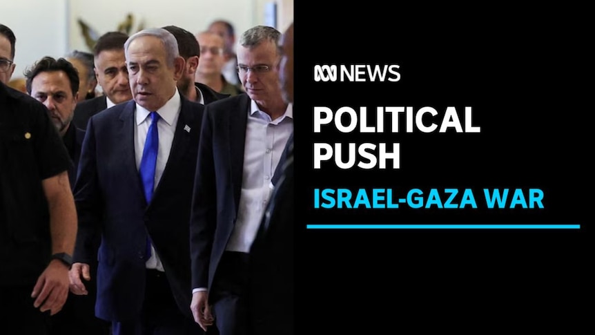 Political Push, Israel-Gaza War: Benjamin Netanyahu walks amid a crowd of men in suits.