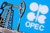 A 3D printed oil pump jack in front of the OPEC logo.
