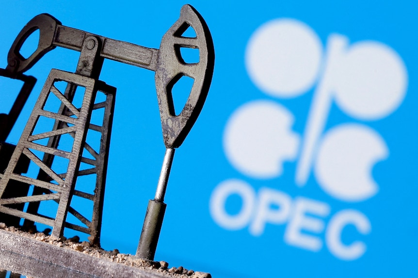 A 3D printed oil pump jack in front of the OPEC logo.