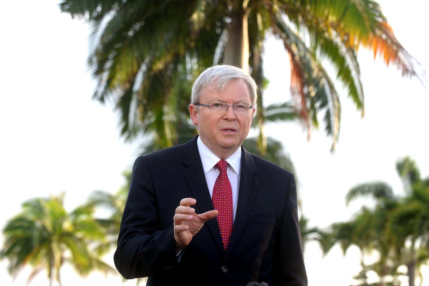 Prime Minister Kevin Rudd speaks during live TV interviews in Townsville.