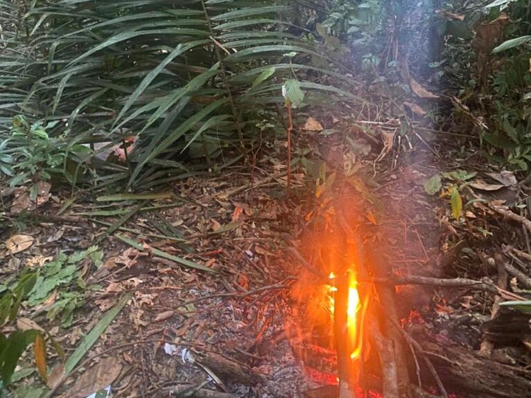 A small fire burns near a pile of palm fronds forming a triangle 