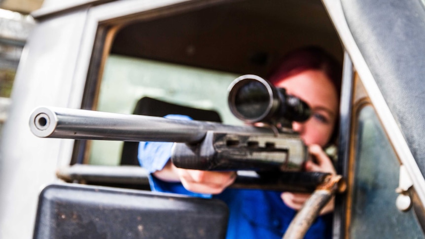 A woman in a blue shirt sits in the front of a vehicle and points a rifle out the window