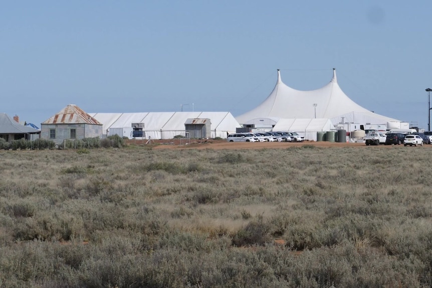 A field with a big top and buildings in the background.