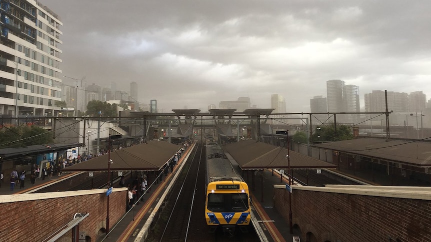 Haze over North Melbourne train station as wild winds hit Melbourne.