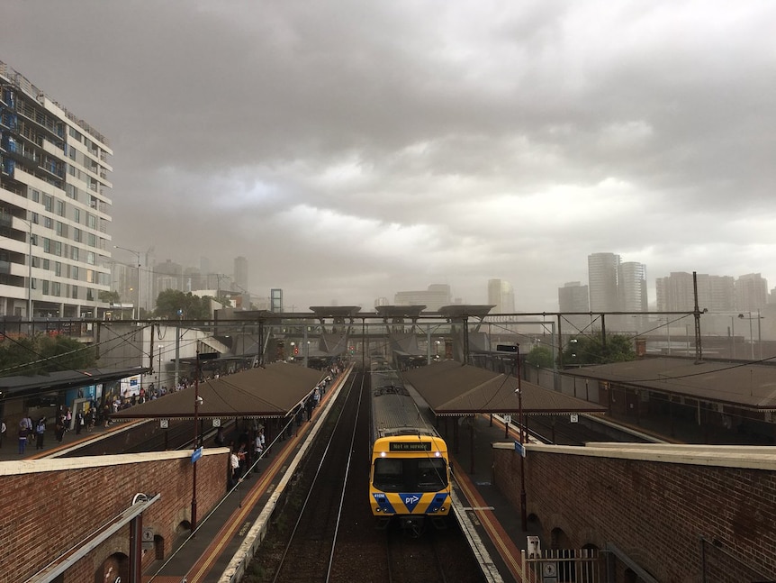 Haze over North Melbourne train station as wild winds hit Melbourne.