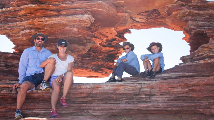 Kim, Brett, Brodie and Will Pittman pose at Nature's Window rock formation, in the Kalbarri National Park.