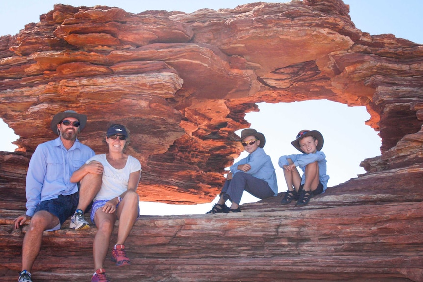 Kim, Brett, Brodie and Will Pittman pose at Nature's Window rock formation, in the Kalbarri National Park.