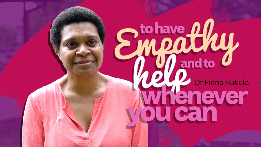 A woman smiles, text overlaid says 'To have empathy and to help whenever you can'