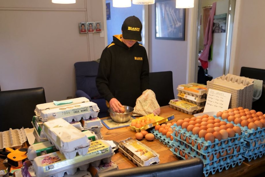 A boy stands at the kitchen table cleaning eggs surrounded by cartons.
