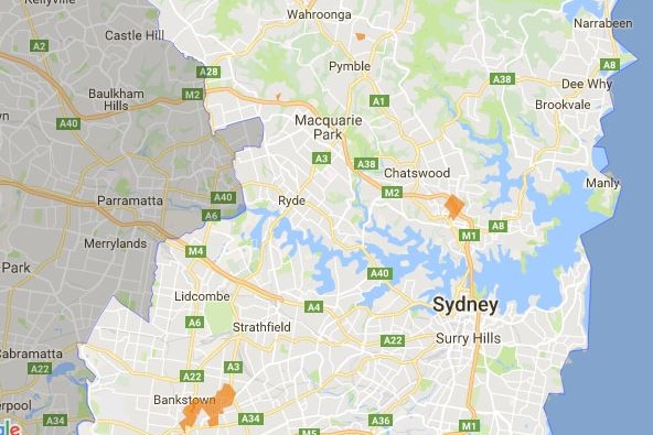 Map showing reported power outages in Pymble, Bankstown and Crows Nest areas.