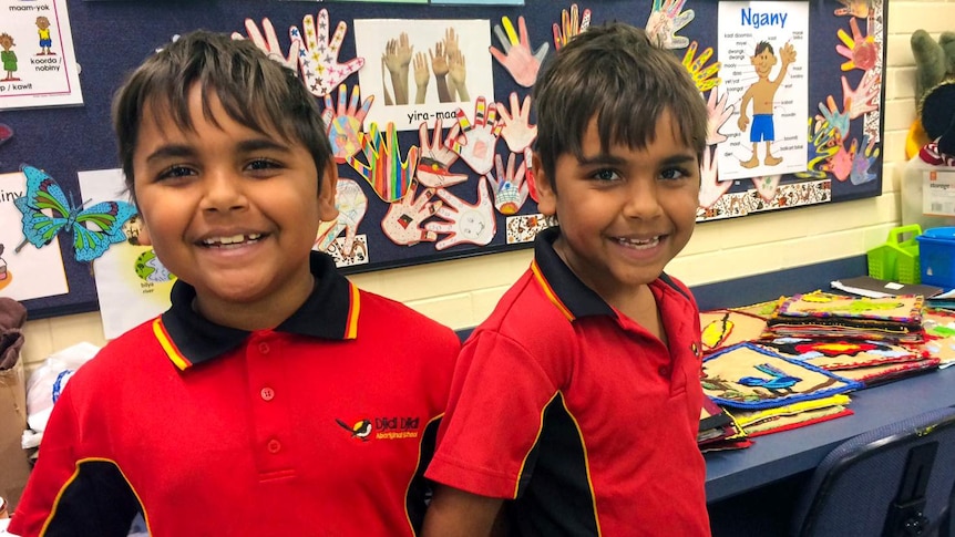 Jacob and Benjamin in a classroom of the Djidi Djidi Aboriginal School.