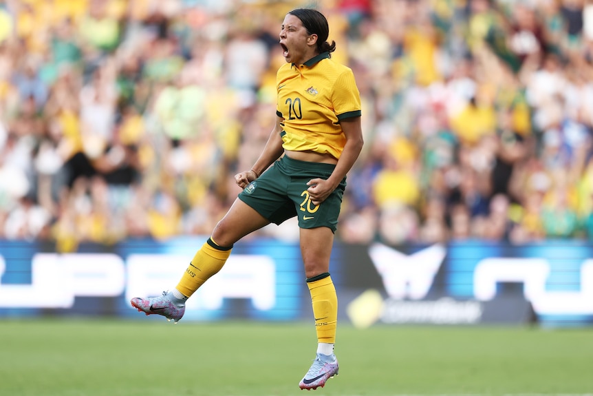 Sam Kerr celebrates a goal for the Matildas against Spain.